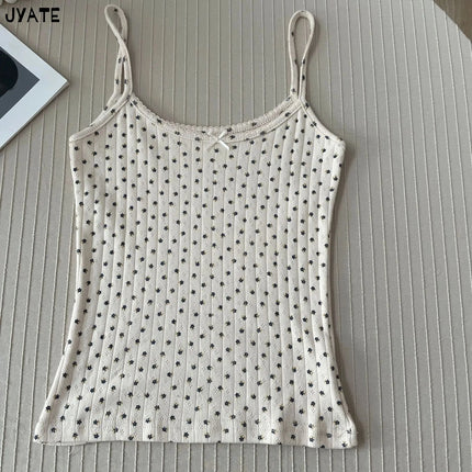 Sweet Floral Print Eyelet Bow Cropped Vests Women Cotton Casual Slim Lace Trim Tank Tops Vintage Preppy Style Cute Camisole Y2K