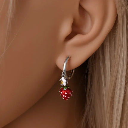 Original Earrings 925 Silver Fruit Series Cherry Strawberry Hoop Earrings Ear Studs Zircon Making Jewelry for Women Girl Party