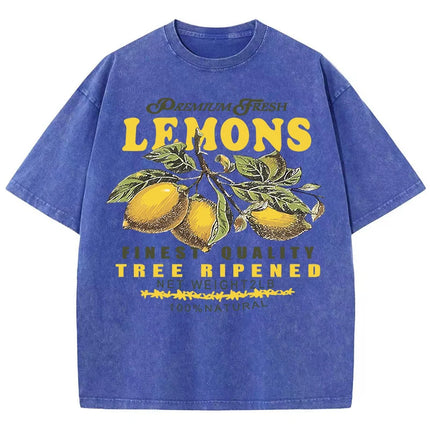 Premium Fresh Lemons Fruit Print Women Washed T-Shirts Y2K Comfortable Short Sleeve Loose All-Match T-Shirt Cotton Hip Hop Top