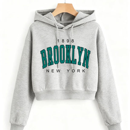 1898 BROOKLYN NEW YORK Sweatshirt Autumn Winter Cropped Sweatshirt Crop Top Hoodie Y2k Sweatshirts Gothic Casual Style Clothes