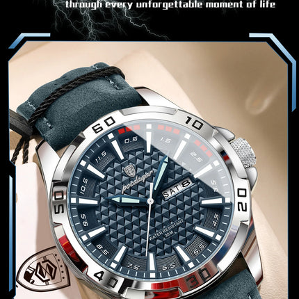 POEDAGAR Top Fashion High Quality Men's Watch Waterproof Luminous Date Week Watch for Men Leather Military Men's Quartz Wristwatch