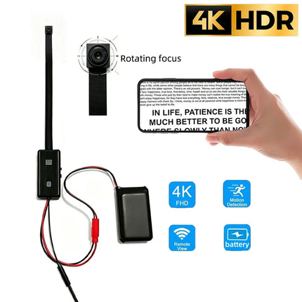 4K mini macro WiFi camera, rotatable focusing lens, motion detection, remote viewing on mobile phone
