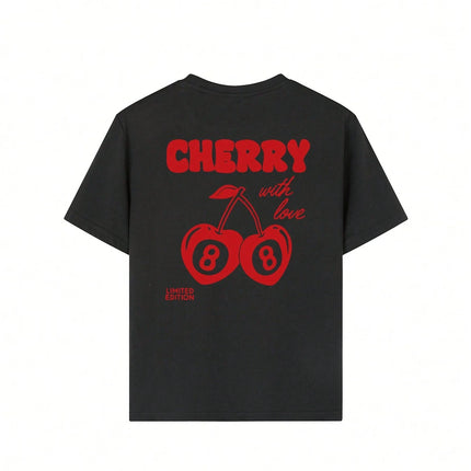 Cherry and number 8 letter print round neck T-shirt Girls summer casual all-match T-shirt breathable short-sleeved top