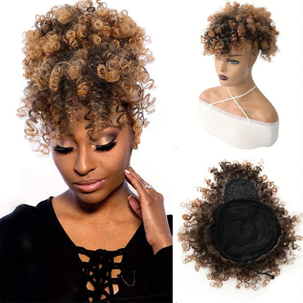 Afro Puff Drawstring Ponytail with Bangs Pineapple Updo Hair for Black Women Short Kinky Curly Ponytail Bun For Women Girls