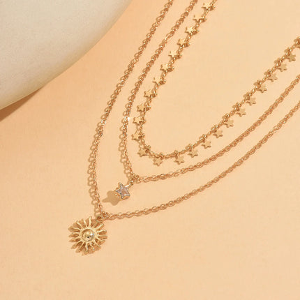 Gold Layered Star Necklace Set For Women 3PCS Dainty Sun Pendant Choker Adjustable Necklace for Daily Beach Party Gift
