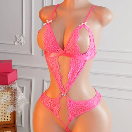 Hot Pink See Through Lace Bodysuit For Women Adjustable Spaghetti Strap Bow Decor Open Crotch Erotic Lingerie