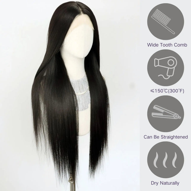Black 13x4 Lace Front Wigs 32 Inch Long Straight Synthetic Wigs Free Part Lace Front Wig (32 Inch)