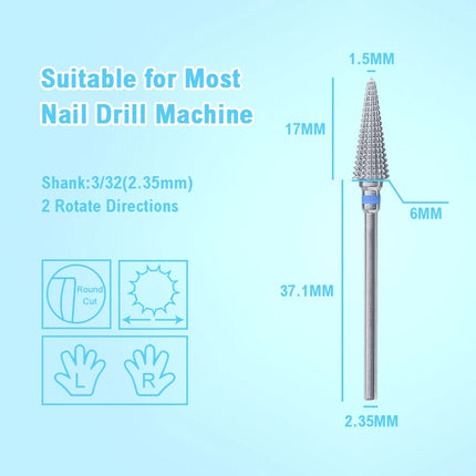 16mm Extra Long Triangle Cone Nail Drill Bits Gold Carbide Milling Cutter Gel Remover Grinding Manicure Tools Accessories 3/32"