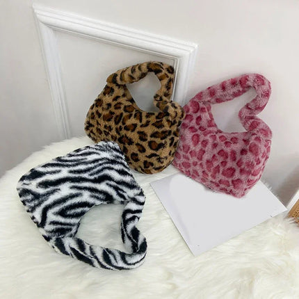 Y2k Korean Plush Retro Leopard Print Bags for Women Underarm Bags Leopard Zebra Pattern Fluffy Tote Bags Small Purses Handbags