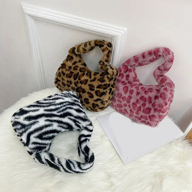 Y2k Korean Plush Retro Leopard Print Bags for Women Underarm Bags Leopard Zebra Pattern Fluffy Tote Bags Small Purses Handbags