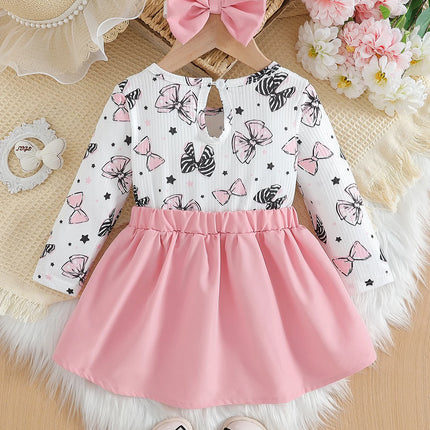 Baby girl cute cartoon bow pattern in spring and autumn, round neck long sleeved ruffle edge fake two-piece spliced dress and he