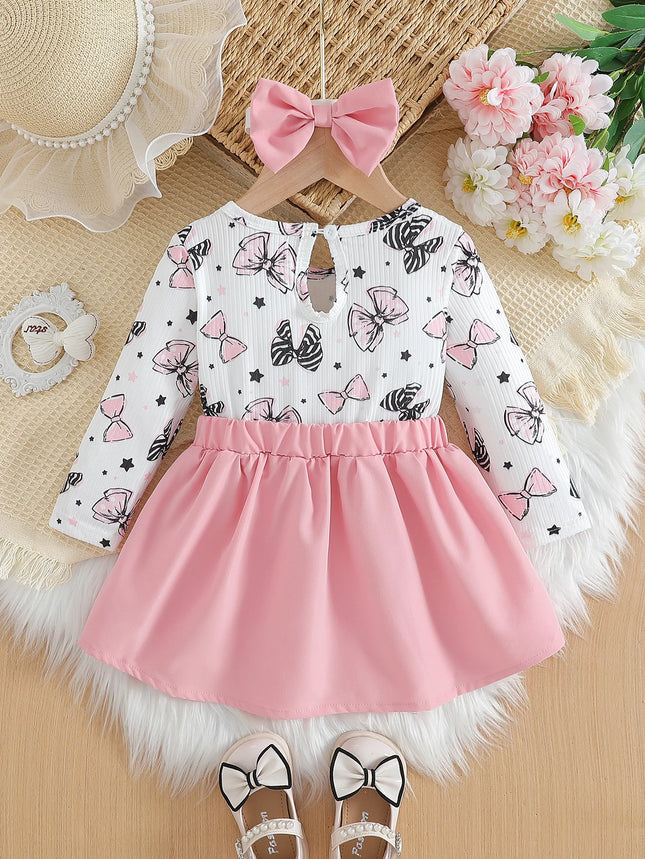 Baby girl's cute cartoon bow pattern long-sleeved ruffle-edged faux two-piece spliced dress for spring and autumn, with a round neck and matching he