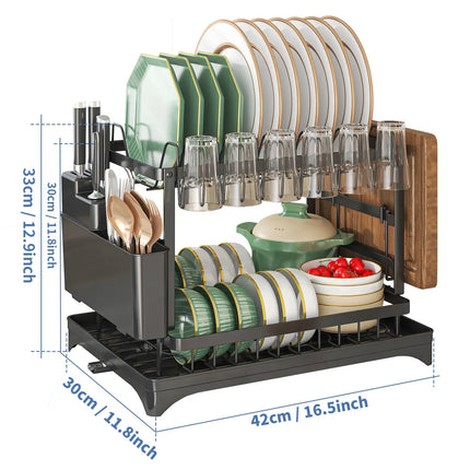 2 Tier Dish Drying Rack Kitchen Bowl Drainer Storage Rack Tableware Drain Chopsticks Knife Fork Water Cup Storage Holder 2 Tier