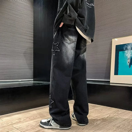New Men's Star Embroidered Fashion Baggy Jeans Y2K Streetwear Hip Hop Oversize Straight Loose Denim Trousers Wide Leg Pants
