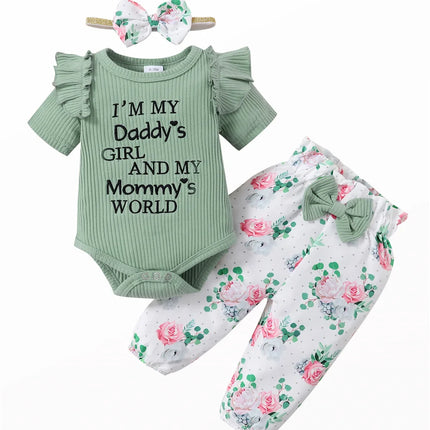 Newborn Baby Girl 3PCS Clothes Set Letters Short Sleeve Romper+Flowers Pant+Bowknot Headband Summer Lovely Outfit