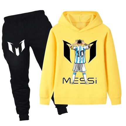 Messi Creative Pattern Long Sleeve Set Boys Casual Sports Top + Pants Two Piece Fall and Winter Comfortable Warm Sweatshirt Set