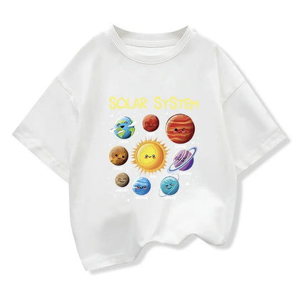 Kids Pure Cotton T-shirt Solar System Graphic Printing Summer Children's Loose Short-sleeved Tees Boys Girls O-Neck Tops