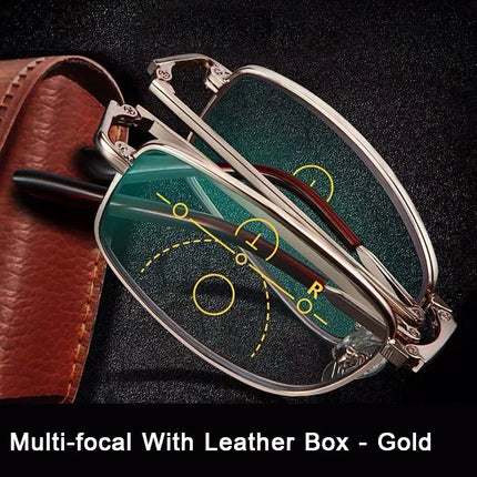 Multifocal Folding Reading Glasses Anti-blue Light Men Women Metal HD Lenses Eyewear Far Near Sihgt Eyeglasses With Leather Box