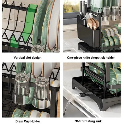 2 Tier Dish Drying Rack Kitchen Countertop Bowl Drainer Storage Organizer with Chopsticks Knife Fork Cup Holder Drain Shelf