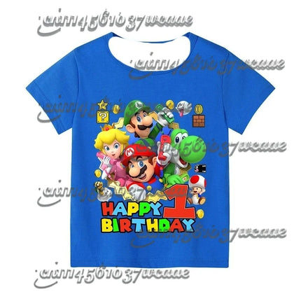 Super Mario Birthday Number T-Shirt Blue Short Sleeve Cartoon Figure Party Top for Men Women Kids - Family Matching Gift