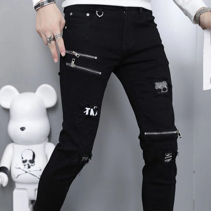 2024 Spring and Autumn Fashion Trend Black Straight Leg Ripped Jeans Men's Casual Comfort Breathable High-Quality Denim Pants