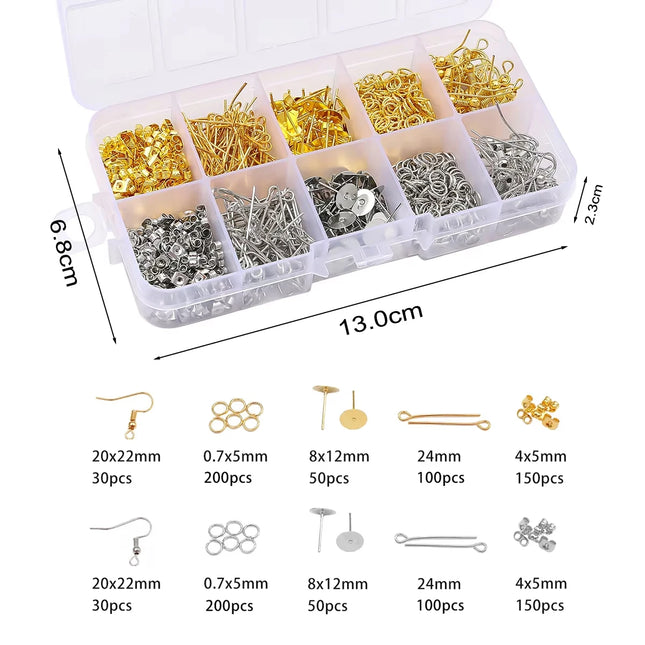 1060pcs DIY Jewelry Making Kit Earring Hooks Open Jump Rings Headpins Eye Pins Earring Backs Set with Organizer Box Accessories