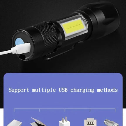Mini Portable COB+XPE Flashlight, USB Rechargeable Zoomable Focus Tactical Torch with Pen Clip for Camping Outdoor