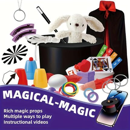 All-in-One Magic Kit | 100+ Magic Tricks with Hat, Cape, Rabbit & Props | Video Tutorials Included | Kids & Adults Party Favors,
