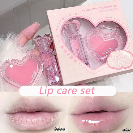 Pink Heart Lip Care Set Moisturizing Reduce Dry Wrinkles Transparent Tint Mirror DUDU Lip Oil Lip Mask Girl Lipstick Makeup Base