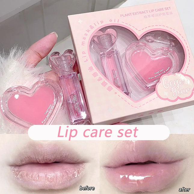 Pink Heart Lip Care Set Moisturizing Reduce Dry Wrinkles Transparent Tint Mirror DUDU Lip Oil Lip Mask Girl Lipstick Makeup Base