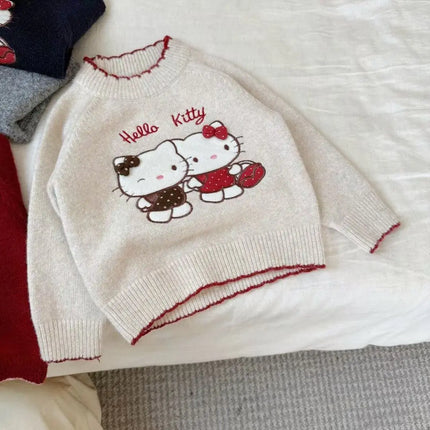 Sanrio Hello Kitty Spring Winter Girls Versatile Sweater Knitted Thermal Casual Layering Top Jumper Pullover Kawaii Kids Clothes