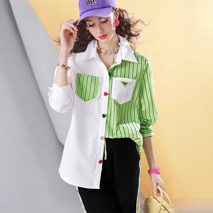 Spring new striped stitching high-end temperament casual women's shirt top for women