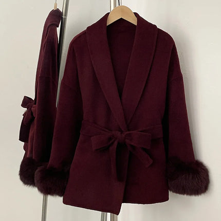 DFDG Short Lace-Up Lapel Cashmere Wool Coat for Women's Fashion Temperament 2024 Autumn and Winter New Collection