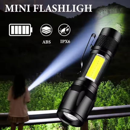 Mini Portable COB+XPE Flashlight, USB Rechargeable Zoomable Focus Tactical Torch with Pen Clip for Camping Outdoor