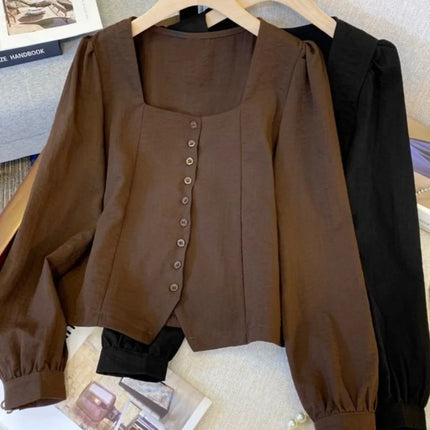 Elegant Long Sleeve Shirt Large Size Women's Early Autumn plus Size French Chic Square Collar Slimming Belly Covering Top