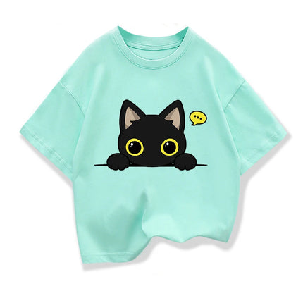 Original Design Summer Kids Clothing Short Sleeve tee t shirt Cute Black Cat Graphic Tee Tops Boys girls t shirts Pure Cotton