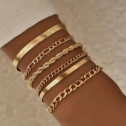 Women's golden ankle bracelet, 14k gold plated waterproof Cuban chain bracelet set, layered bracelet, adjustable size（5pcs）