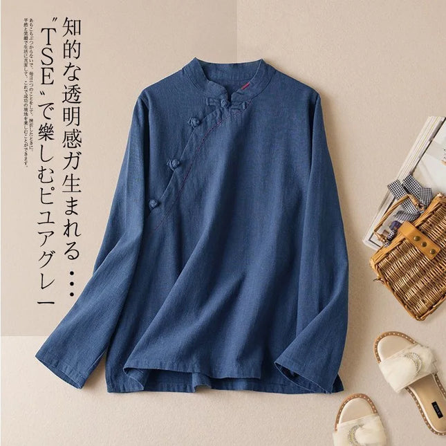 Retro Artistic Women's Long Sleeve Cotton Linen Loose Slim Fit Shirt Stand Collar Side Button Geometric Pattern Elegant Style