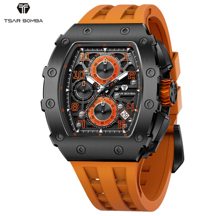 TSAR BOMBA Luxury Tonneau Quartz Watch for Men Japanese Movement, Stainless Steel Case,  Elegant Dress Wristwatch