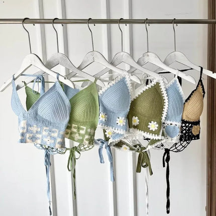 National Style Women's Swimwear Top with Chest Pads Bohemian Beach Wear Outfit Crochet Halter Neck Summer Sling Beach Vacation