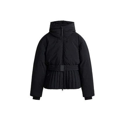 Women Peplum Ski Jackets Hooded Stand Collar Belt Waist Zipper Solid Puffer Jacket Fashion Sheath Warm Sport Winter 2025 Skiwear