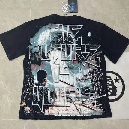Retro Washed Loose Ex-Ort Sweet T-shirt Hell Star Skull Letter Print High Street Short Sleeve Summer Top for Men and Women