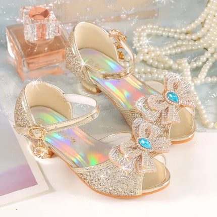 Summer Girls Sandals With Heel Fashion Rhinestone Shiny Glitter Shoes Children Princess Bowtie Pearl Dancing Shoes H876