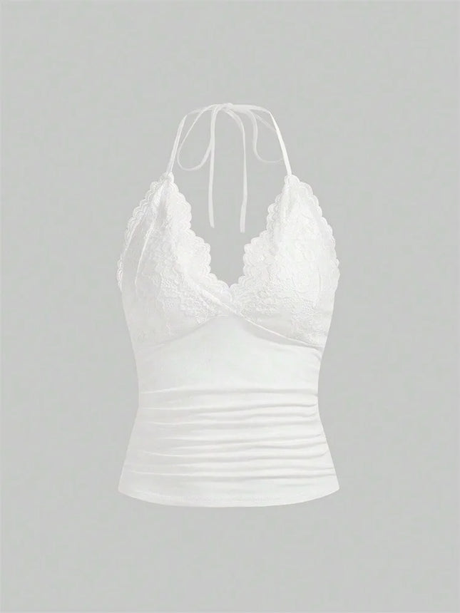 Lace V-neck Halter Top Women Summer Sexy Grunge Punk Goth Backless Ruched Crop Top Cami Top Streetwear Y2K Clothes 2024