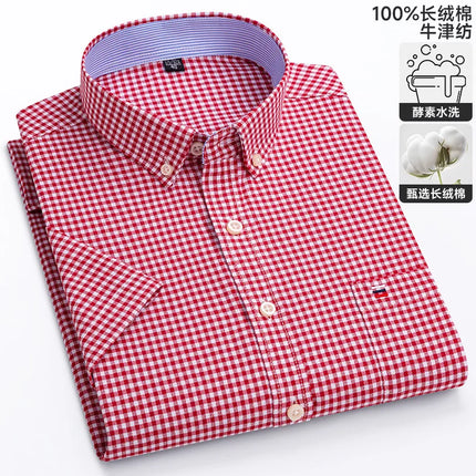 New 100% Cotton Oxford Men's Shirts Short Sleeve Plaid Soft Regular Fit Formal Dress Shirt Social Blouse Male Clothes 6XL 7XL
