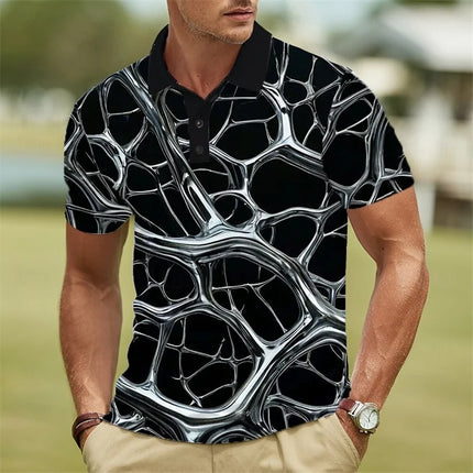 Colorful 3D Printed Striped Polo Shirt Men's Geometric Pattern Short Sleeve Summer Casual Lapel Top