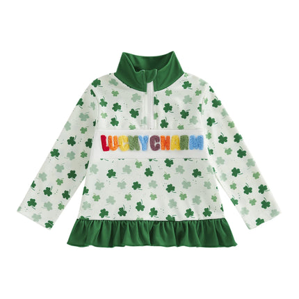 Kids Girls T-shirt Long Sleeve Stand Neck Clover Print Fall Tops Clothes for Irish Holiday
