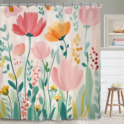 Pink Green Flower Bathroom Shower Curtain Watercolor Botanical Spring Blush Cute Plant Polyester Fabric Hooks Waterproof Decor