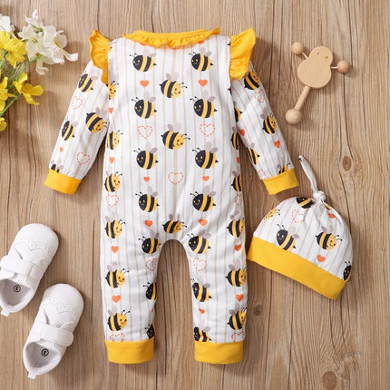 0-18 Months Newborn Baby Girls Romper Cute little bee Lovely Ruffle Long Sleeve Bodysuits + Hat Birthday Party Costumes