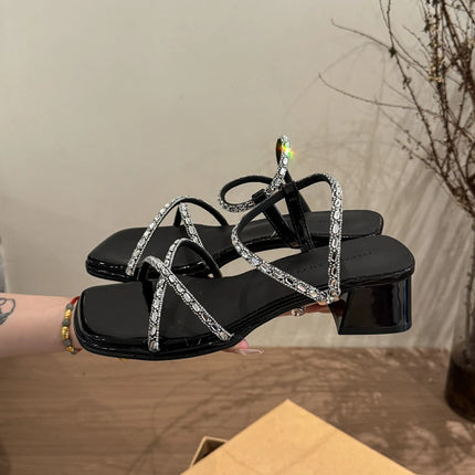 Designer Luxury Summer Women's Sandals Fashion Crystal Narrow Band Pumps Concise Thick Heel Party Dress Sandalias